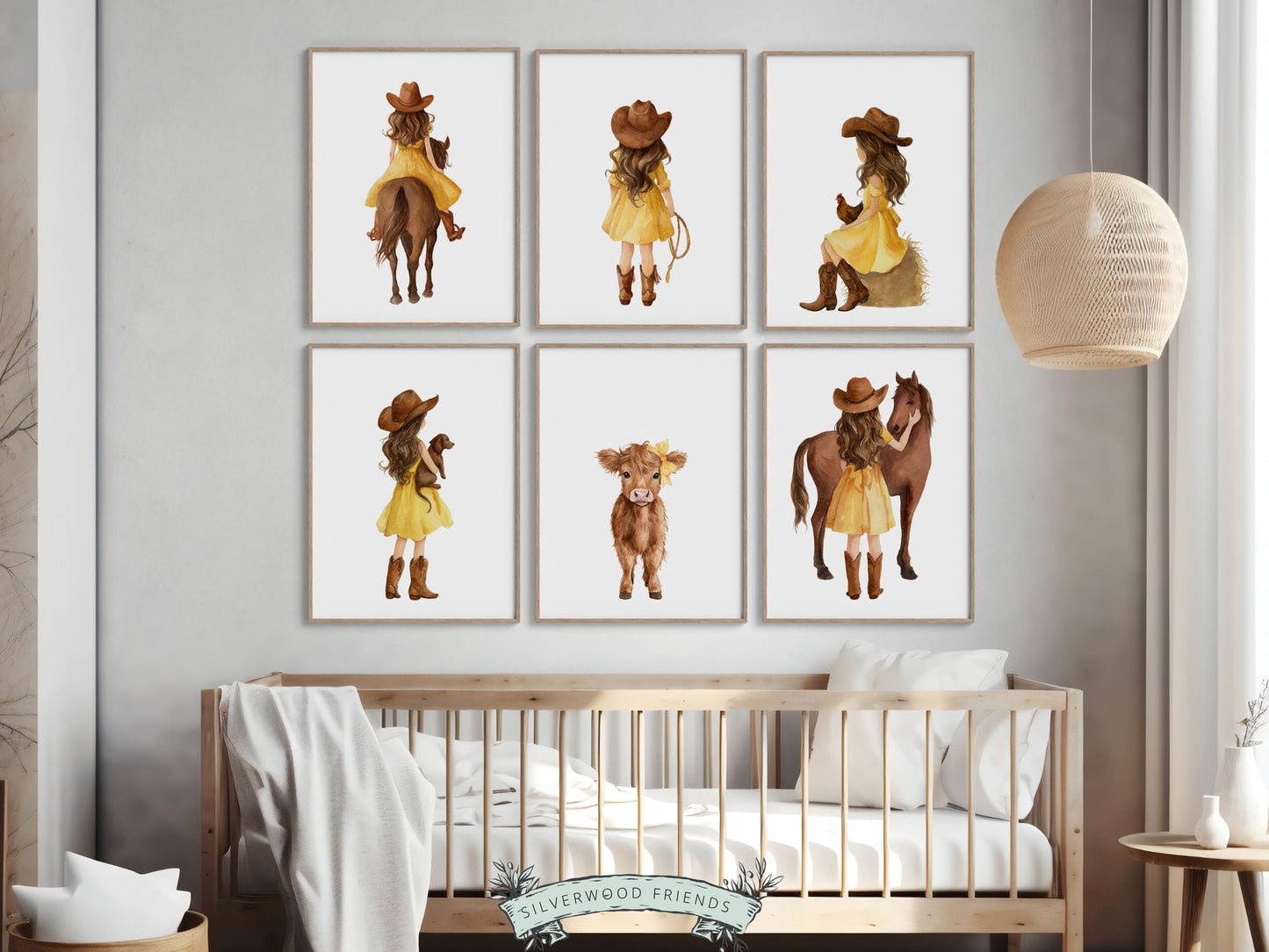 Cowgirl Nursery Prints, Farm Nursery Posters, Baby Girl Yellow Western Nursery Decor, Baby Farm Animal Nursery Wall Art Digital Print