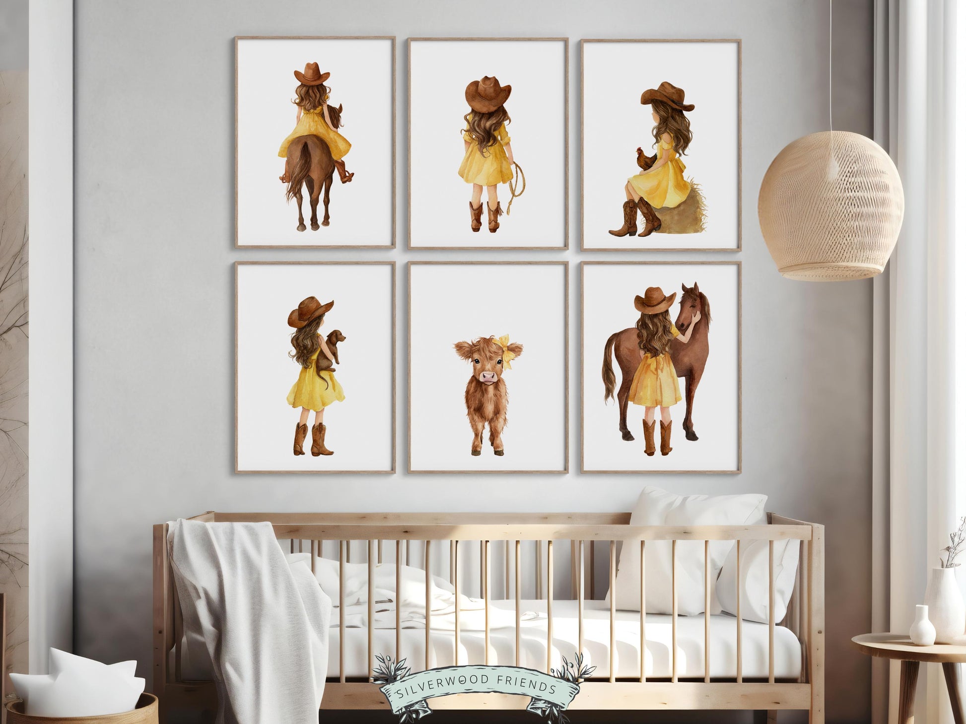 Cowgirl Nursery Prints, Farm Nursery Posters, Baby Girl Yellow Western Nursery Decor, Baby Farm Animal Nursery Wall Art Digital Print