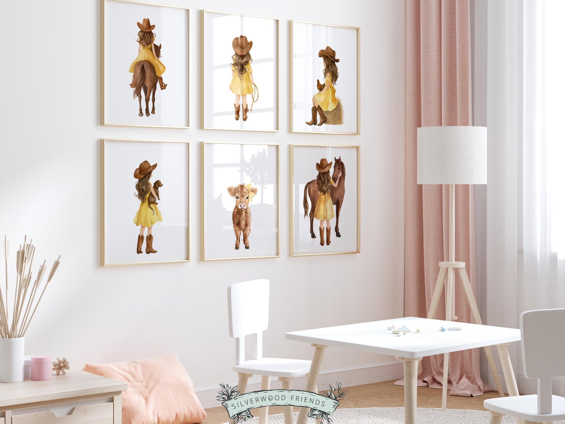 Cowgirl Nursery Prints, Farm Nursery Posters, Baby Girl Yellow Western Nursery Decor, Baby Farm Animal Nursery Wall Art Digital Print
