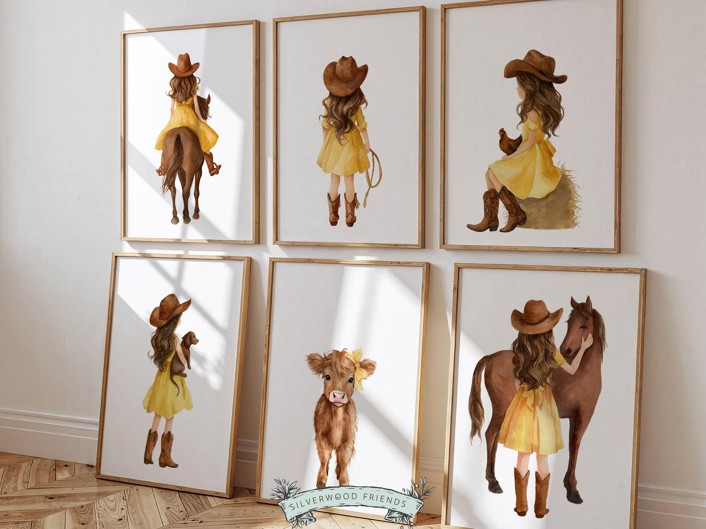 Cowgirl Nursery Prints, Farm Nursery Posters, Baby Girl Yellow Western Nursery Decor, Baby Farm Animal Nursery Wall Art Digital Print
