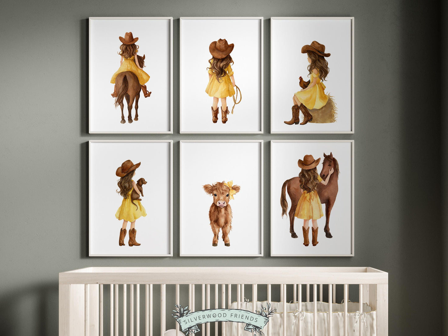 Cowgirl Nursery Prints, Farm Nursery Posters, Baby Girl Yellow Western Nursery Decor, Baby Farm Animal Nursery Wall Art Digital Print