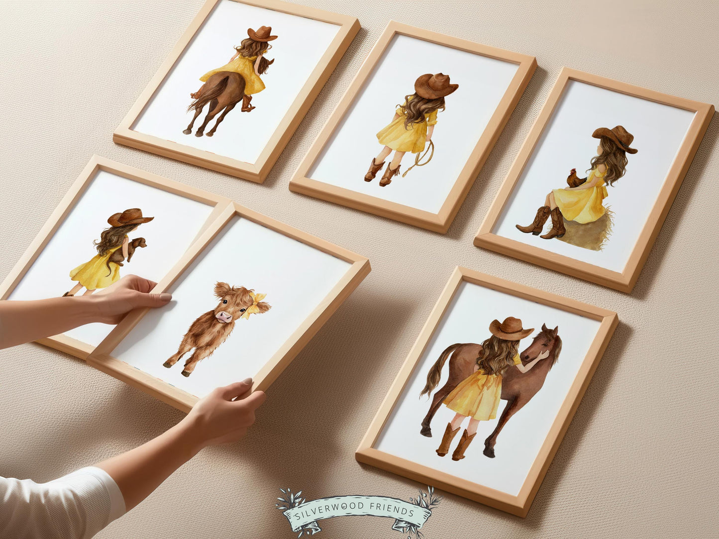 Cowgirl Nursery Prints, Farm Nursery Posters, Baby Girl Yellow Western Nursery Decor, Baby Farm Animal Nursery Wall Art Digital Print