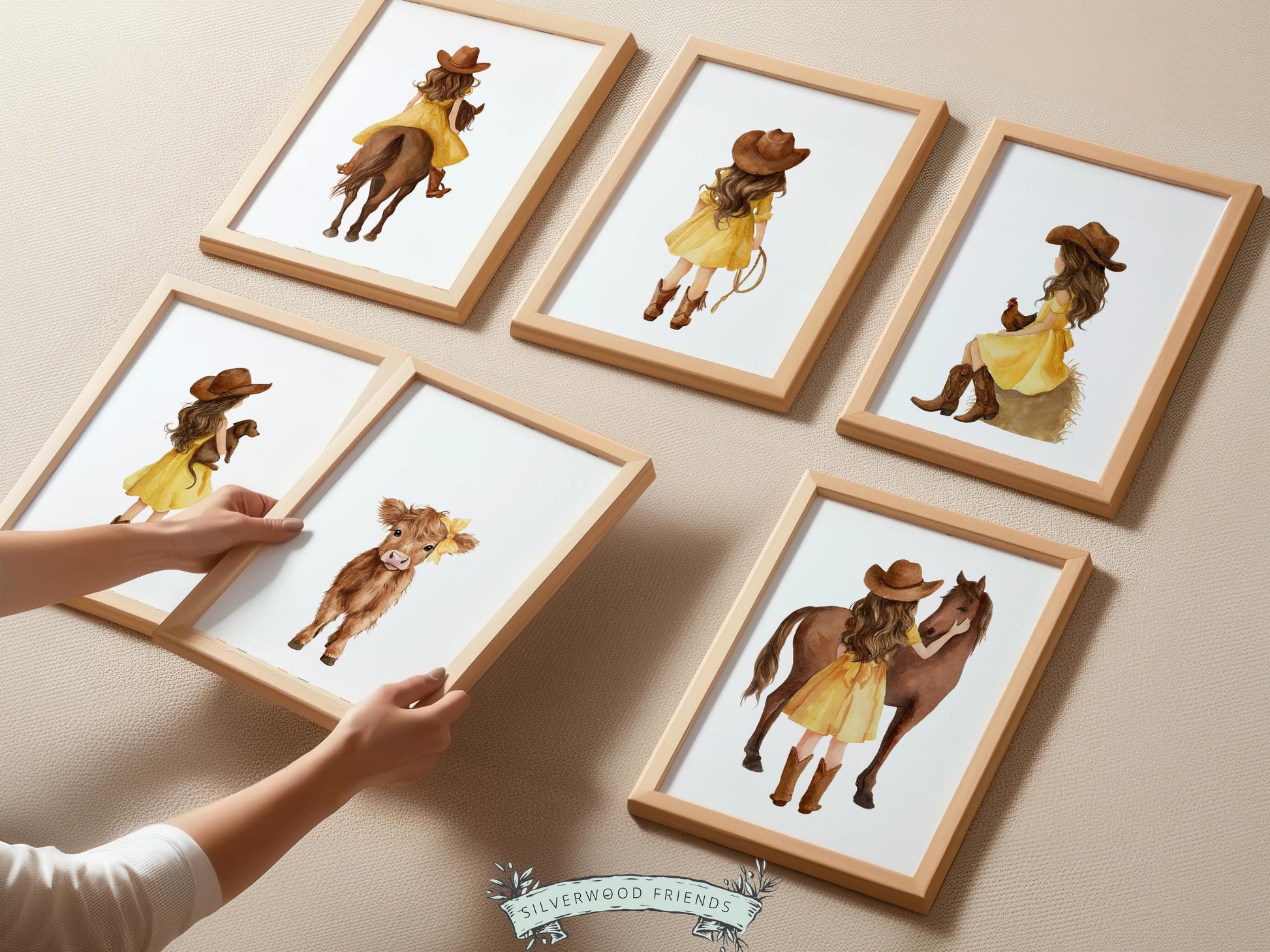 Cowgirl Nursery Prints, Farm Nursery Posters, Baby Girl Yellow Western Nursery Decor, Baby Farm Animal Nursery Wall Art Digital Print