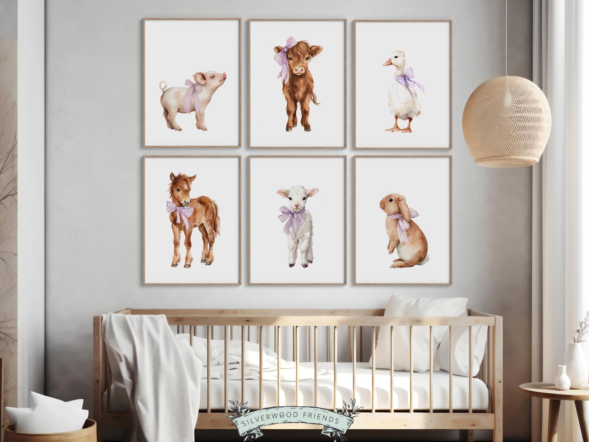 Purple Baby Farm Animal Nursery Prints, Purple Highland Cow Western Farmyard Nursery Decor, Baby Girl Farm Nursery Wall Art Digital Print