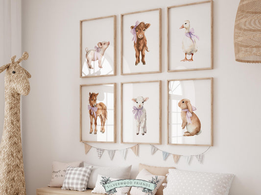 Create a sweet and whimsical space with this farm animal nursery wall art set, a beautifully coordinated collection of watercolor baby animal prints featuring a piglet, calf, duckling, foal, lamb, and bunny, each adorned with soft lilac bows. Designed in gentle, neutral tones with a delicate, storybook feel, this printable nursery wall art set brings warmth, charm, and a soft farmhouse touch to any nursery, bedroom, or playroom.