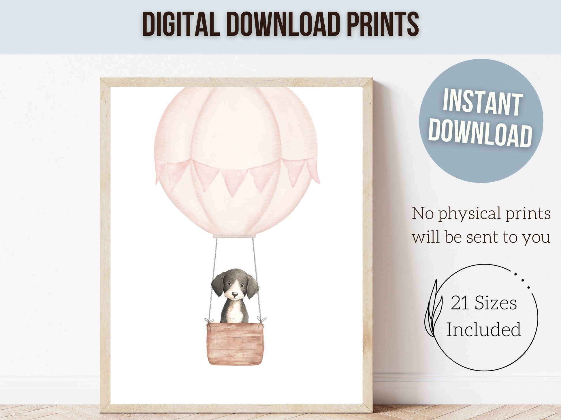 Pink Watercolor Hot Air Balloon Dog Nursery Print, Baby Girl Puppy Nursery Wall Art, Baby Girl Pink Puppy Dog Nursery Decor Digital Print