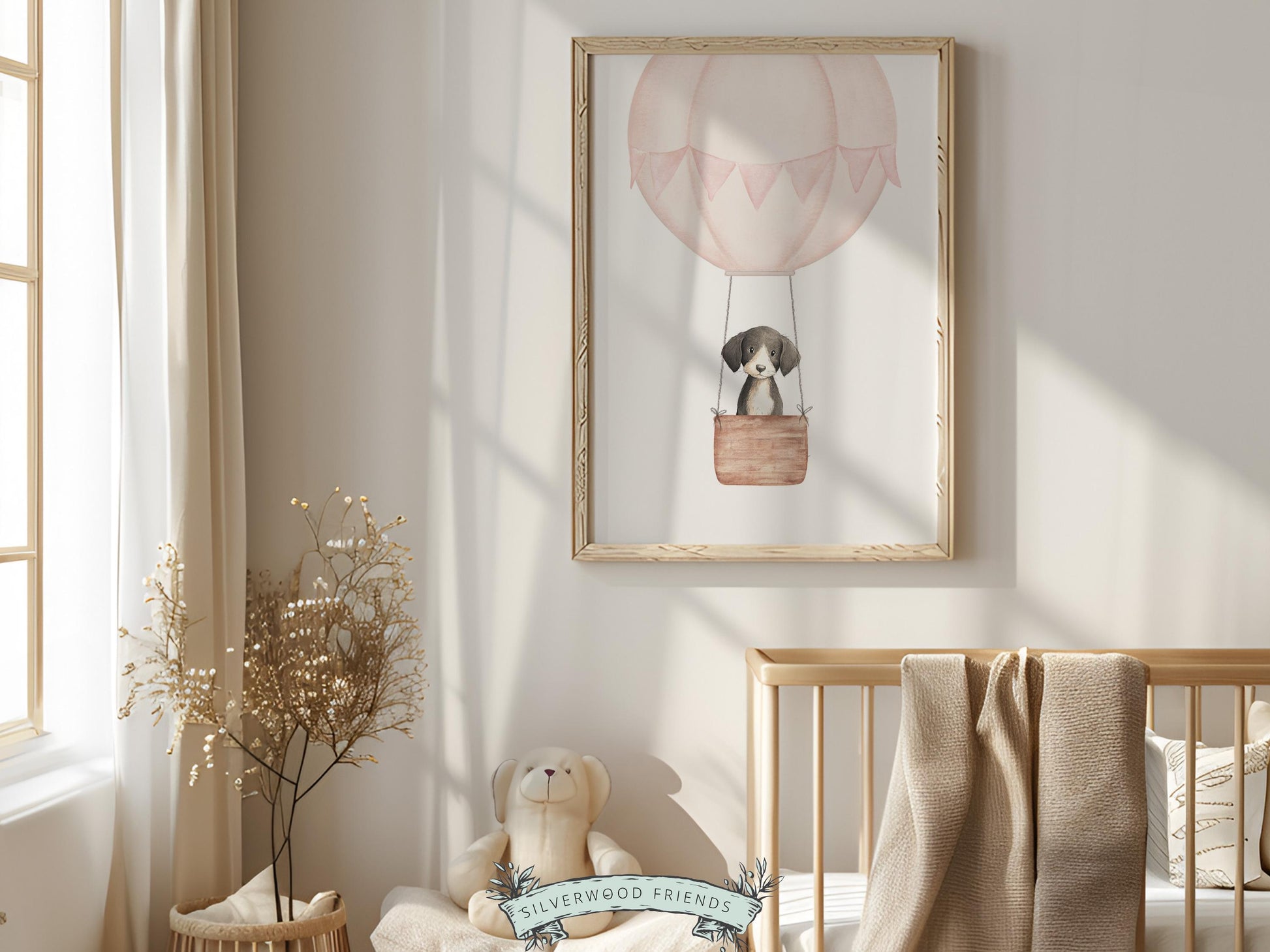 Pink Watercolor Hot Air Balloon Dog Nursery Print, Baby Girl Puppy Nursery Wall Art, Baby Girl Pink Puppy Dog Nursery Decor Digital Print