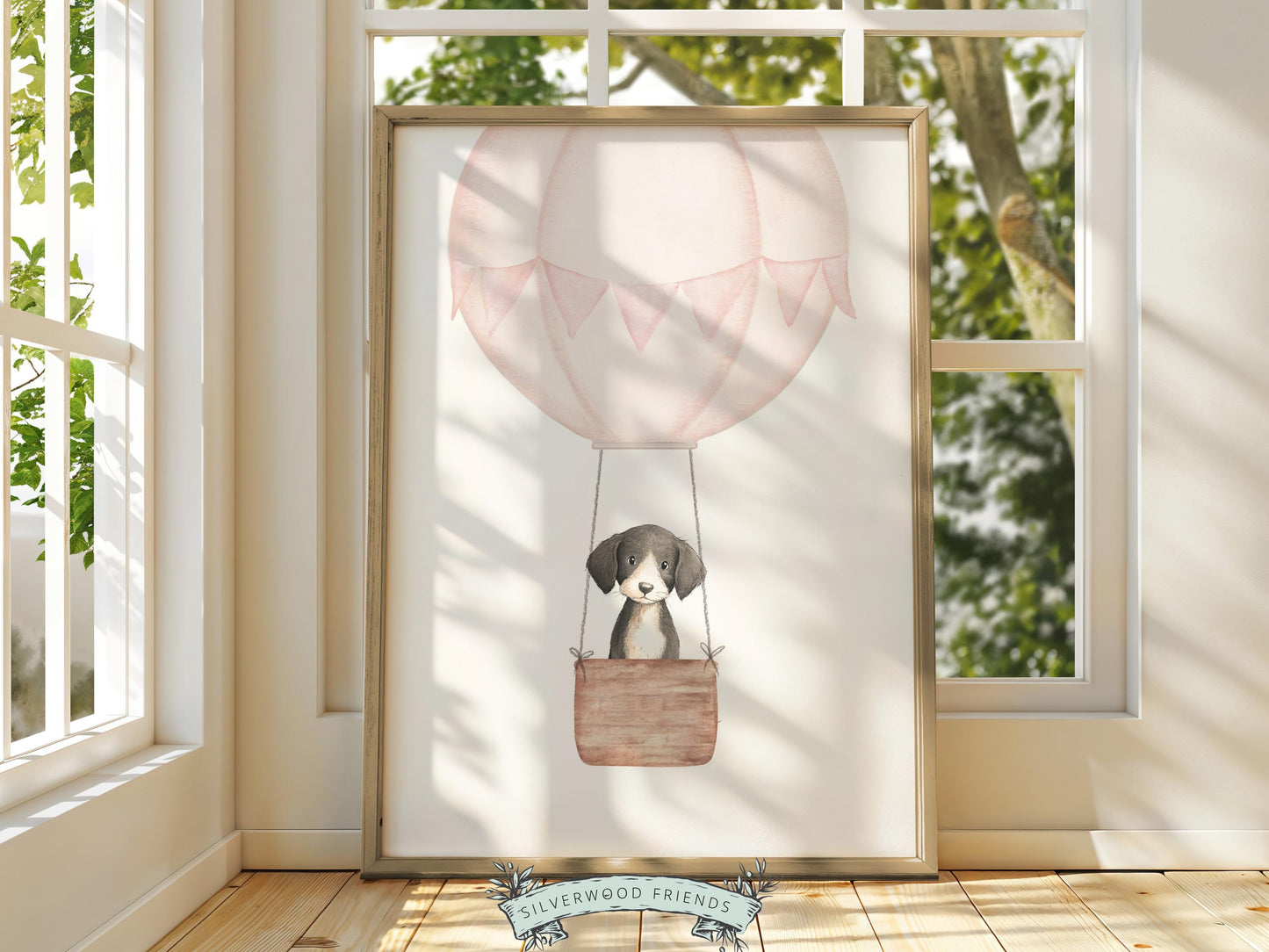 Pink Watercolor Hot Air Balloon Dog Nursery Print, Baby Girl Puppy Nursery Wall Art, Baby Girl Pink Puppy Dog Nursery Decor Digital Print
