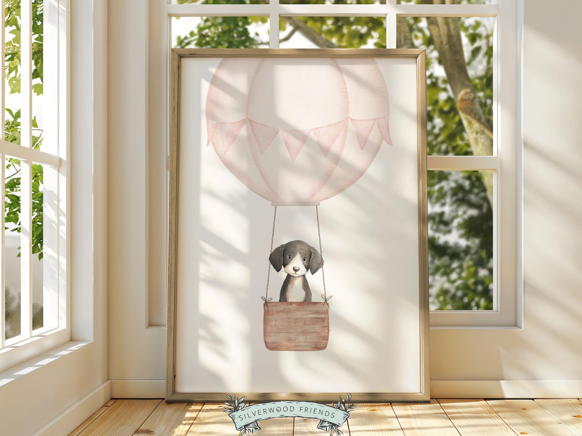Pink Watercolor Hot Air Balloon Dog Nursery Print, Baby Girl Puppy Nursery Wall Art, Baby Girl Pink Puppy Dog Nursery Decor Digital Print