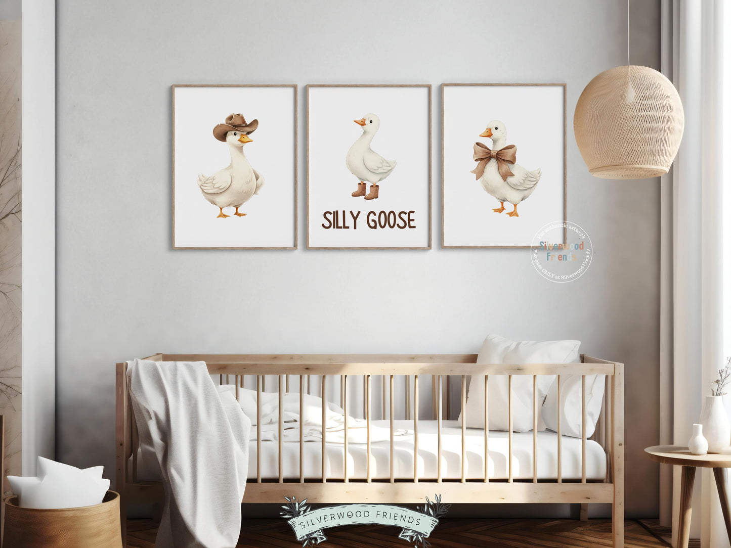 Set of 3 Silly Goose Nursery Prints, Beige Duck Nursery Decor, Gender Neutral Western Nursery Wall Art, Digital Download
