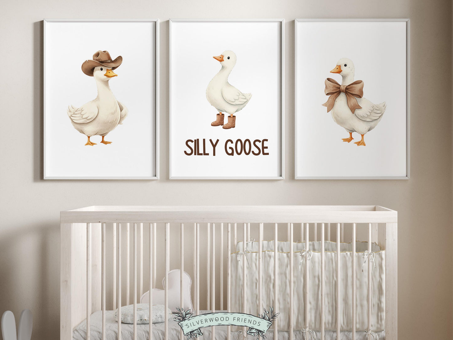 Set of 3 Silly Goose Nursery Prints, Beige Duck Nursery Decor, Gender Neutral Western Nursery Wall Art, Digital Download