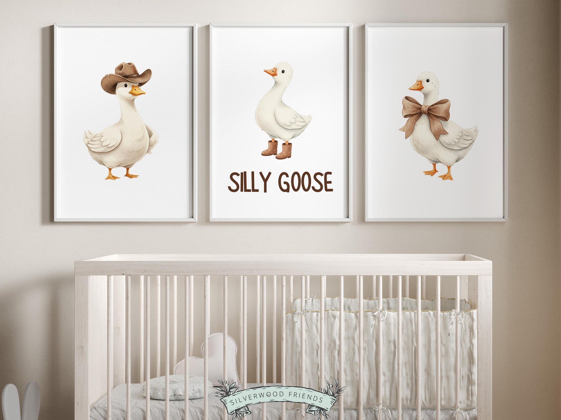Set of 3 Silly Goose Nursery Prints, Beige Duck Nursery Decor, Gender Neutral Western Nursery Wall Art, Digital Download