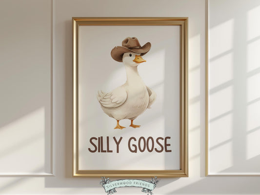 Create a warm and playful space with this “Silly Goose” nursery wall art print, featuring an adorable watercolor goose wearing a cowboy hat for a charming western twist. Designed in soft neutral tones with a whimsical, storybook feel, this farm animal nursery print adds personality and a cozy farmhouse touch to any nursery, kids bedroom, or playroom, making it a fun and memorable decor piece.
