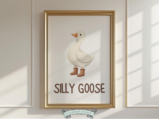 Create a warm and playful space with this “Silly Goose” nursery wall art print, featuring an adorable watercolor goose wearing little brown rain boots for a sweet and whimsical touch. Designed in soft neutral tones with a gentle storybook feel, this farm animal nursery print adds charm and personality to any nursery, kids bedroom, or playroom, making it a timeless and fun decor piece.
