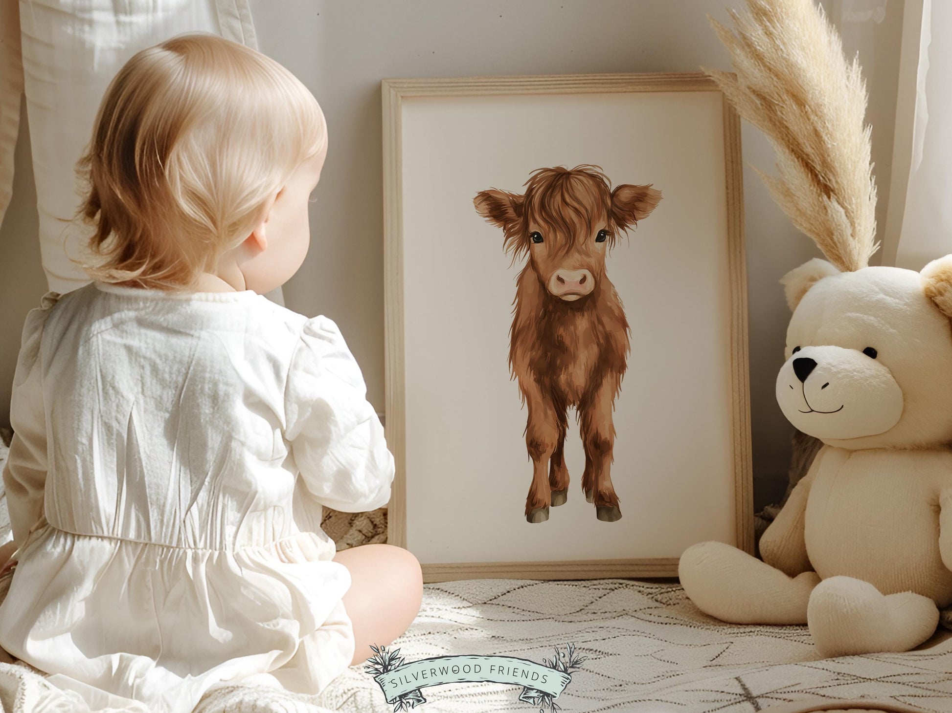 Baby Farm Animal Nursery Prints, Sage Green Highland Cow Western Nursery Decor, Kids Green Nursery Wall Art (DIGITAL)