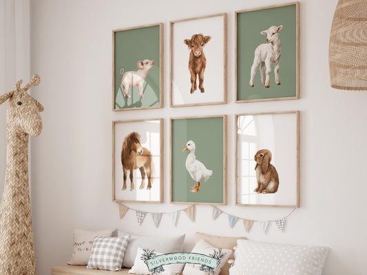 Create a warm and inviting space with this farm animal nursery wall art set, a beautifully coordinated collection of watercolor baby animal prints designed for a baby nursery, farmhouse kids room, or country-style bedroom decor. Featuring soft neutral tones paired with sage green backgrounds and charming illustrations of a piglet, calf, lamb, pony, duck, and bunny, this printable nursery wall art set brings a calm, cozy, and timeless farmhouse feel to your space.