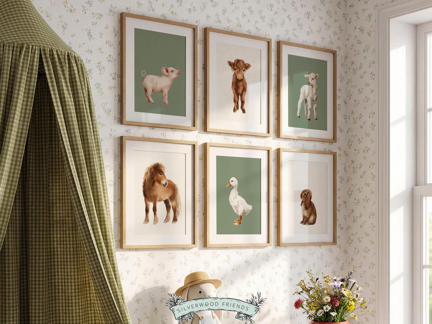 Baby Farm Animal Nursery Prints, Sage Green Highland Cow Western Nursery Decor, Kids Green Nursery Wall Art (DIGITAL)