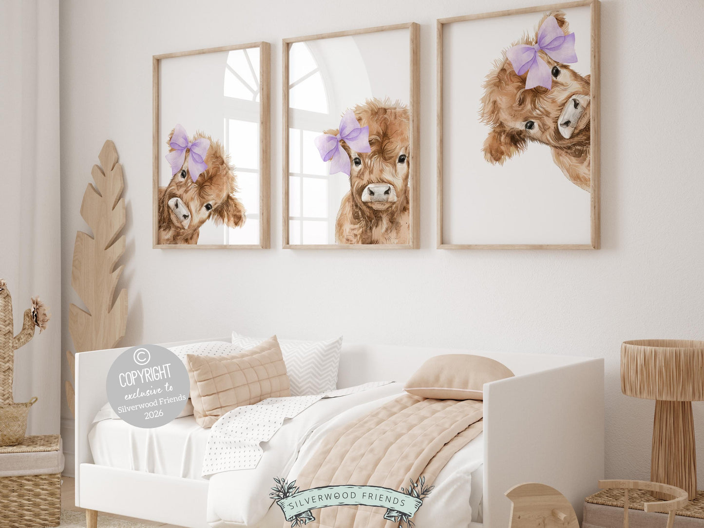 Create a sweet and charming space with this peeking highland cow nursery wall art set, featuring adorable watercolor baby highland cows playfully peeking into the frame, each styled with soft purple lilac bows on a clean white background. Designed in gentle neutral tones with a touch of feminine detail, this farm animal nursery print set adds warmth and personality to any baby nursery, girls bedroom, or farmhouse-inspired space, making it a timeless and delightful decor choice.