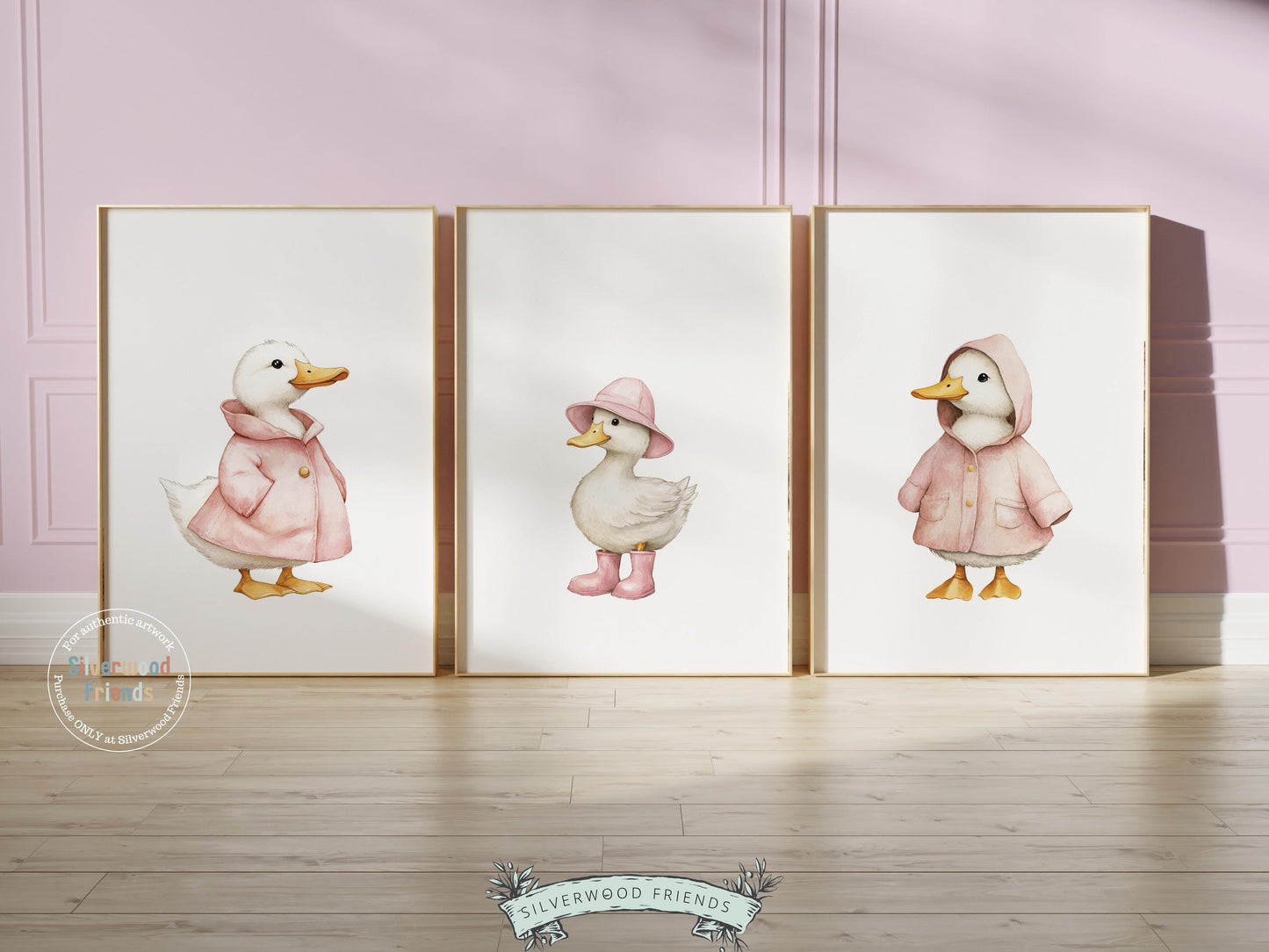 Set of 3 Pink Duck Nursery Prints, Watercolor Baby Animal Nursery Wall Art (Digital Download)