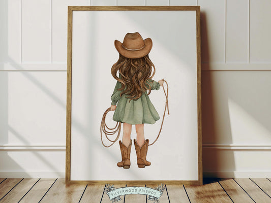 Create a warm and whimsical space with this western cowgirl nursery wall art print, featuring a beautifully illustrated watercolor cowgirl from behind holding a rope, dressed in a soft sage green dress with classic cowboy boots and hat. Designed in gentle, earthy tones with a charming storybook feel, this western nursery print adds a cozy farmhouse touch to any baby girl nursery, bedroom, or playroom, making it a timeless and stylish decor piece.