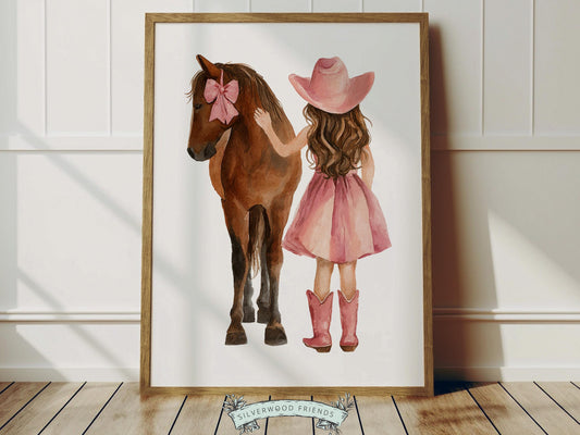 Create a sweet and heartwarming space with this western cowgirl and horse nursery wall art print, featuring a beautifully illustrated watercolor cowgirl in a soft pink dress and boots standing beside her horse adorned with a matching bow. Designed in warm, feminine tones with a gentle storybook feel, this cowgirl nursery print captures friendship, calm, and connection, making it a timeless addition to any baby girl nursery, bedroom, or playroom.
