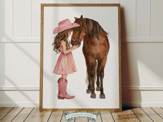 Create a sweet and heartwarming space with this western cowgirl and horse nursery wall art print, featuring a beautifully illustrated watercolor cowgirl in a soft pink dress and boots standing beside her horse sharing a special moment. Designed in warm, feminine tones with a gentle storybook feel, this cowgirl nursery print captures friendship, calm, and connection, making it a timeless addition to any baby girl nursery, bedroom, or playroom.
