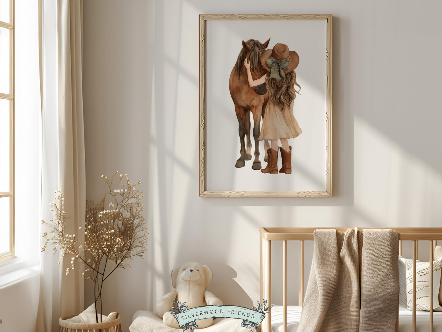 Cowgirl Nursery Print, Neutral Cowgirl Horse Nursery Decor, Baby Girl Beige Western Nursery Decor, Brown Horse Nursery Picture (DIGITAL)