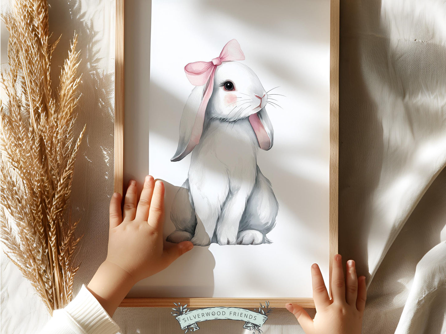 Baby Girls Bunny Nursery Prints, Baby Girl Woodland Bunny Nursery Decor, Nursery Wall Art, Easter Decor Poster, Spring Artwork Digital Print