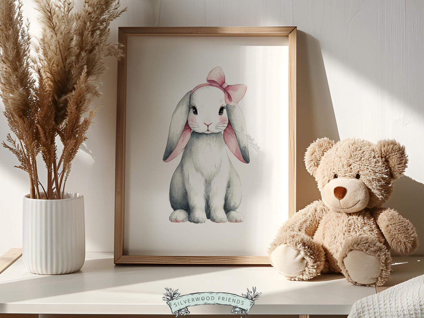Baby Girls Bunny Nursery Prints, Baby Girl Woodland Bunny Nursery Decor, Nursery Wall Art, Easter Decor Poster, Spring Artwork Digital Print