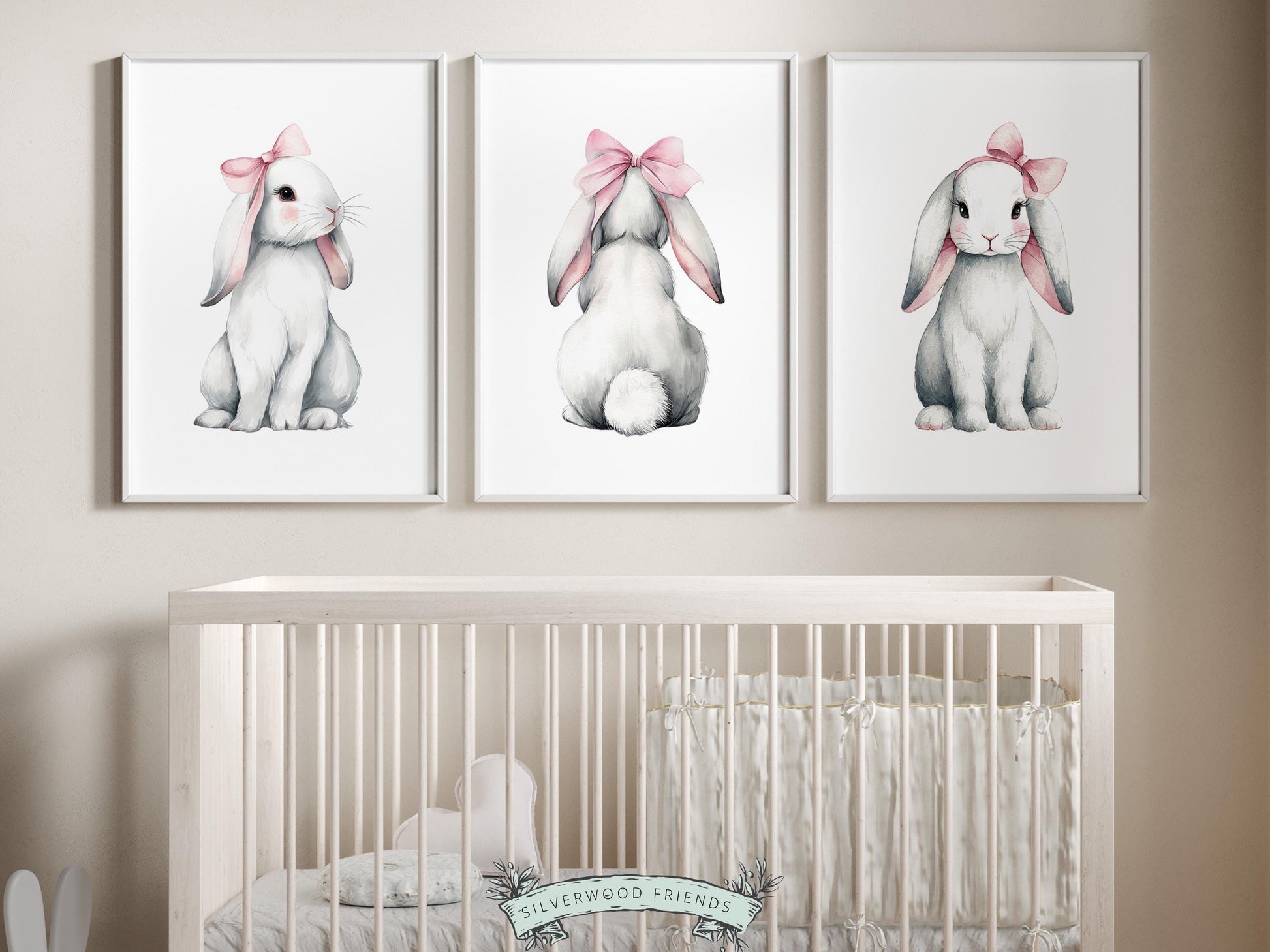 Baby Girls Bunny Nursery Prints, Baby Girl Woodland Bunny Nursery Decor, Nursery Wall Art, Easter Decor Poster, Spring Artwork Digital Print