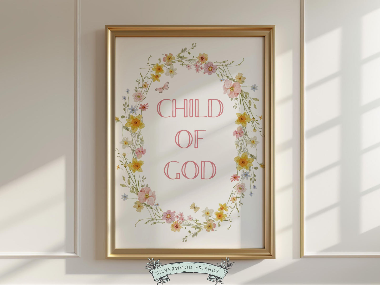 Invite peace and encouragement into your home with this “Child of God” Christian wall art print, featuring a delicate watercolor floral wreath with soft pastel blooms and gentle botanical details in a light, airy style. This instantly downloadable artwork brings a sweet, uplifting reminder of God’s goodness to any nursery, bedroom, or living space, making it a thoughtful gift for special occasions and everyday inspiration.