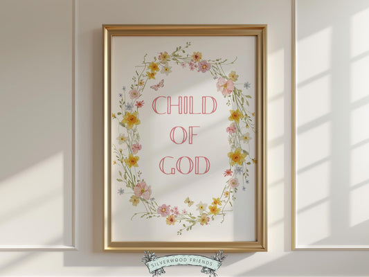 Invite peace and encouragement into your home with this “Child of God” Christian wall art print, featuring a delicate watercolor floral wreath with soft pastel blooms and gentle botanical details in a light, airy style. This instantly downloadable artwork brings a sweet, uplifting reminder of God’s goodness to any nursery, bedroom, or living space, making it a thoughtful gift for special occasions and everyday inspiration.