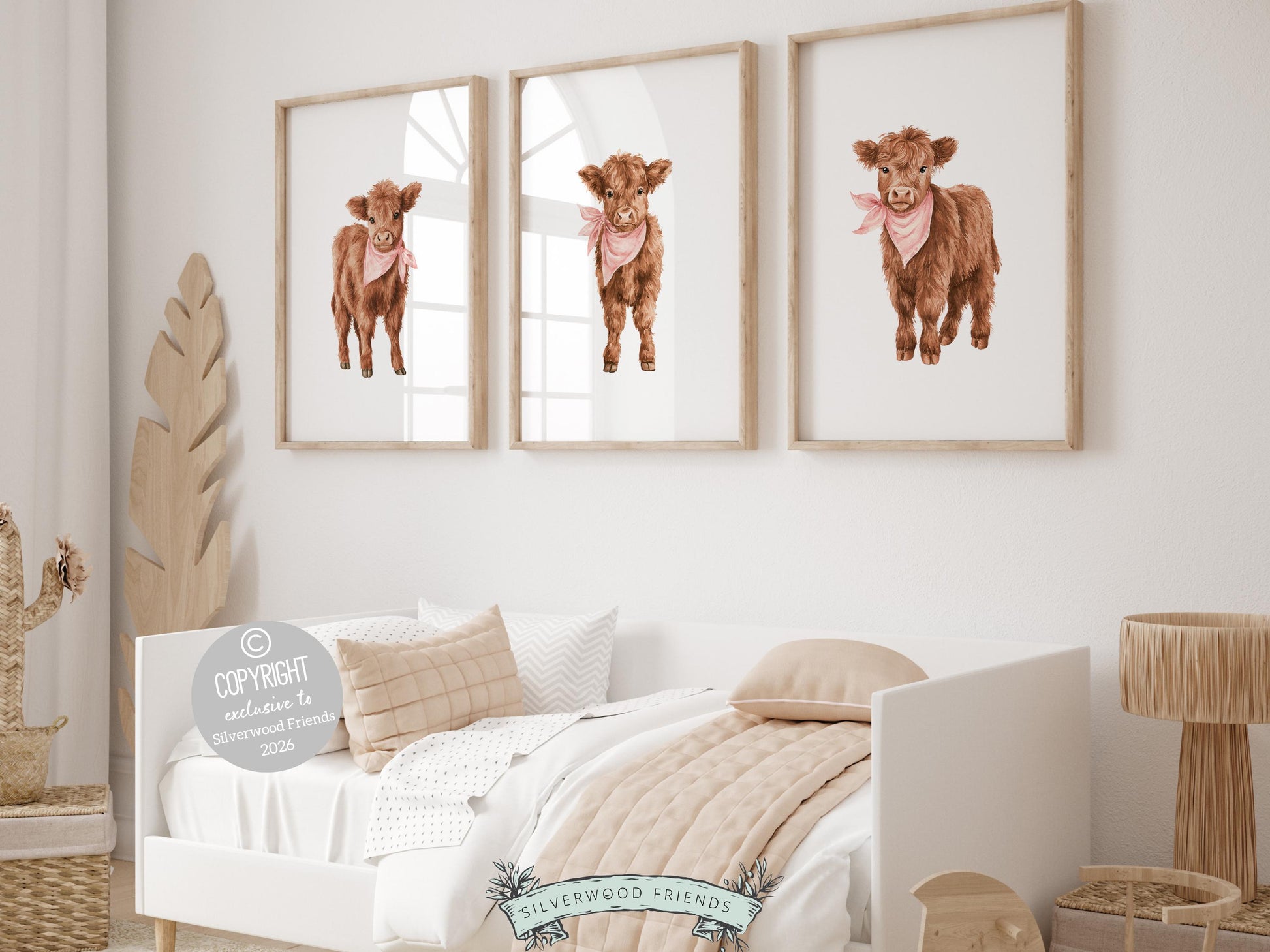 Our charming Highland Cow Prints showcase adorable watercolor baby highland cows in pink bandanas, bringing the perfect blend of rustic charm and whimsy to any space. Designed for versatility, these prints make a delightful addition to both nursery decor and farmhouse mudroom wall art and make an adorable baby girl farm baby shower gift!