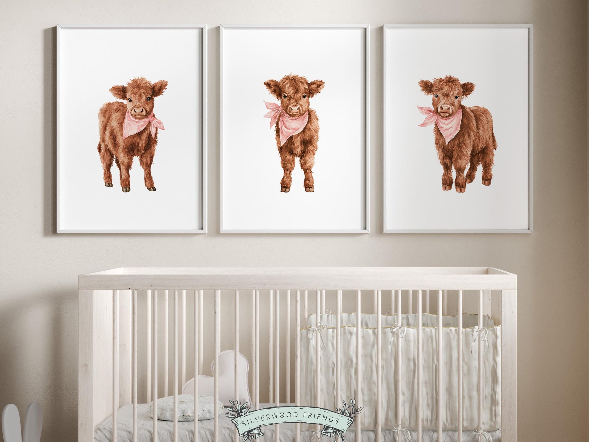 Pink Highland Cow Nursery Prints, Baby Girl Highland Cow Nursery Decor, Highland Cow Baby Shower Gift,Baby Farm Animal Nursery Digital Print