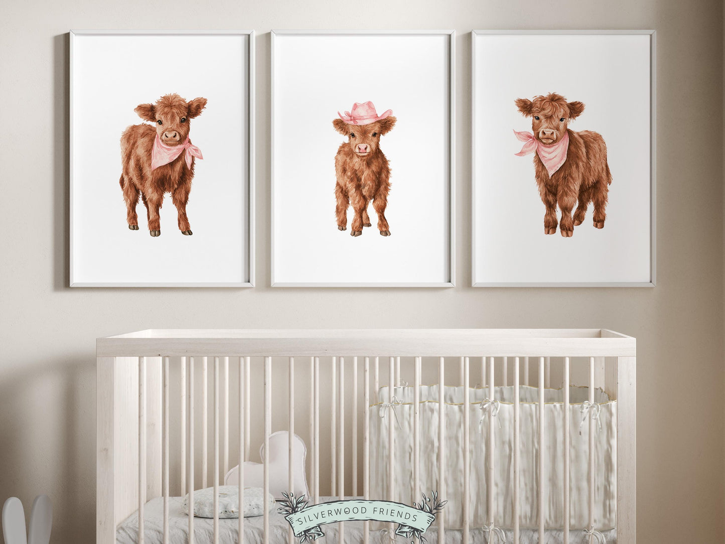 Pink Highland Cow Nursery Prints, Baby Girl Highland Cow Western Nursery Decor, Baby Farm Animal Country Nursery Prints (DIGITAL DOWNLOAD)