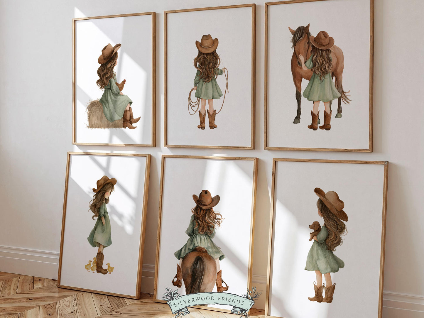 Create a sweet and whimsical space with this western cowgirl nursery wall art set, featuring a collection of beautifully illustrated cowgirl moments in a soft watercolor style with warm, rustic tones, sage green accents, and gentle, feminine details. This instantly downloadable set captures charm, imagination, and connection, making it a timeless addition to any nursery, bedroom, or playroom while bringing a soft, storybook feel to your home.