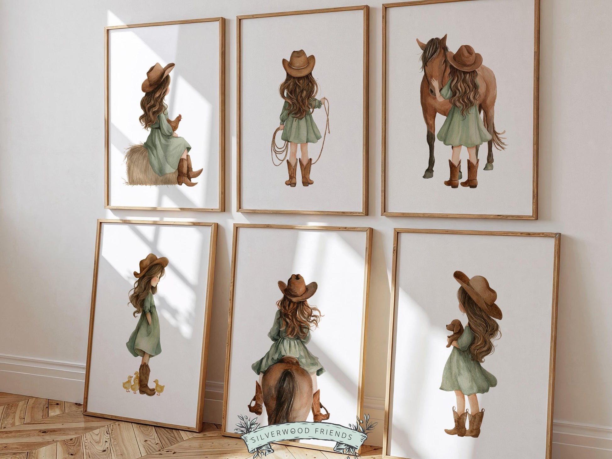 Create a sweet and whimsical space with this western cowgirl nursery wall art set, featuring a collection of beautifully illustrated cowgirl moments in a soft watercolor style with warm, rustic tones, sage green accents, and gentle, feminine details. This instantly downloadable set captures charm, imagination, and connection, making it a timeless addition to any nursery, bedroom, or playroom while bringing a soft, storybook feel to your home.