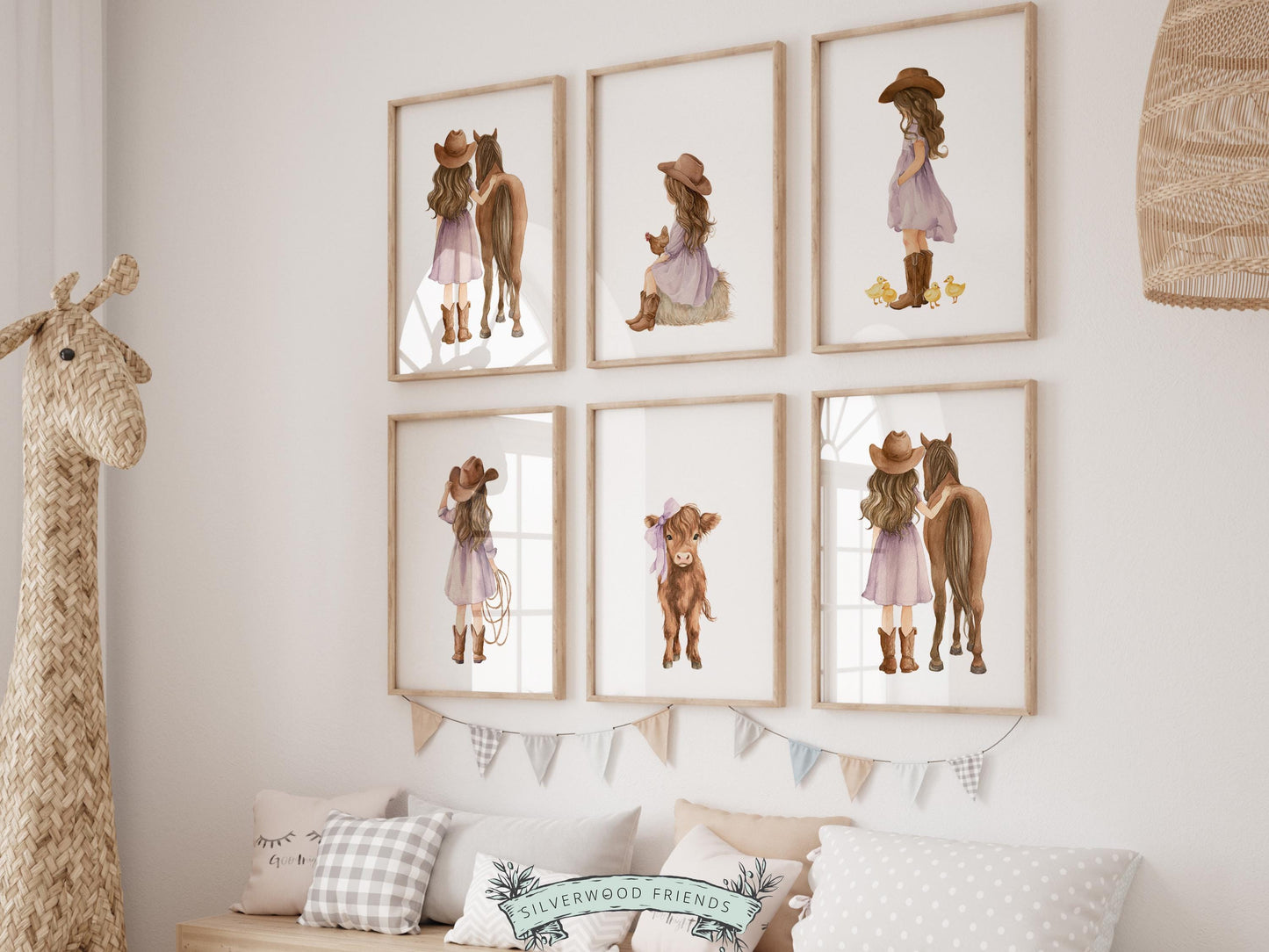 Create a sweet and whimsical space with this western cowgirl nursery wall art set, a beautifully curated collection of watercolor cowgirl and farm animal prints designed for a baby girl nursery, western-themed bedroom, or farmhouse kids room decor. Featuring soft, dusty purple tones, warm rustic accents, and charming storybook-style illustrations of horses, calves, and ducklings, this printable nursery wall art set brings a cozy, feminine, and timeless feel to your space.