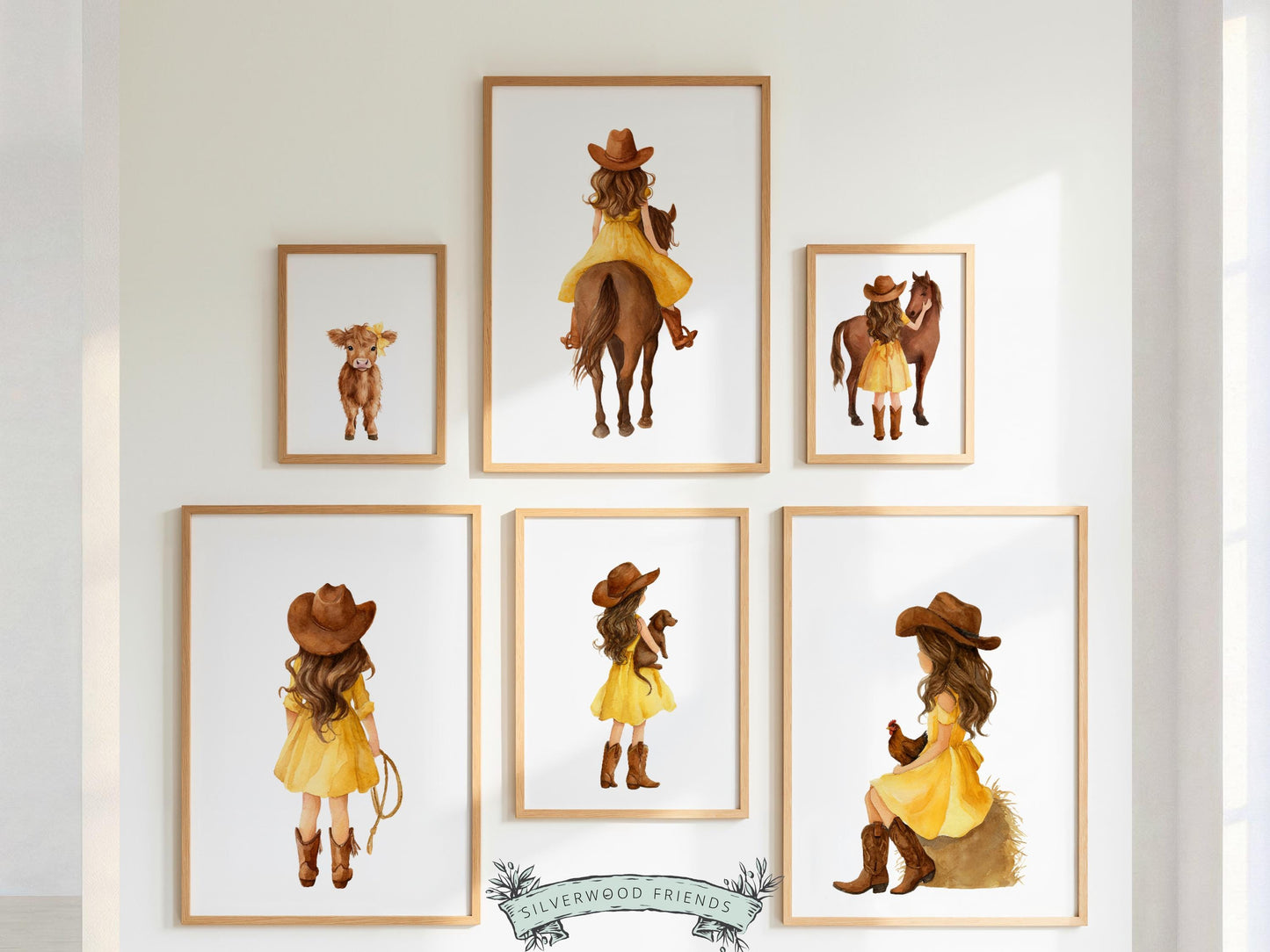 Cowgirl Nursery Prints, Farm Nursery Posters, Baby Girl Yellow Western Nursery Decor, Baby Farm Animal Nursery Wall Art Digital Print