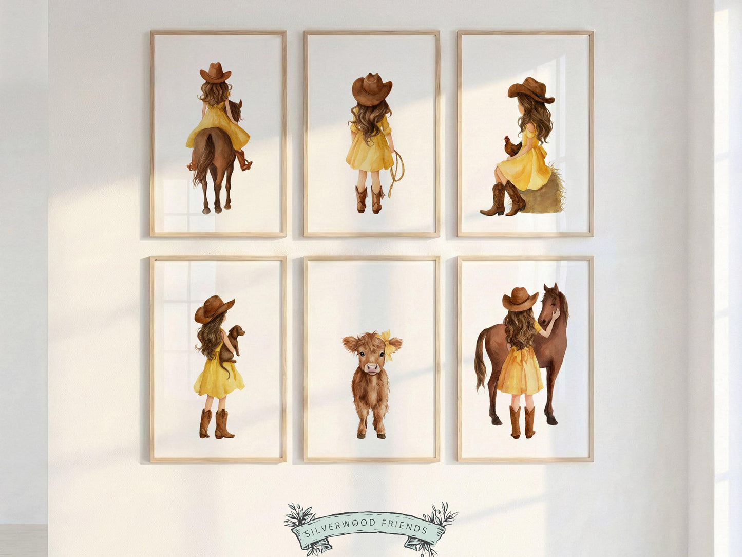 Cowgirl Nursery Prints, Farm Nursery Posters, Baby Girl Yellow Western Nursery Decor, Baby Farm Animal Nursery Wall Art Digital Print