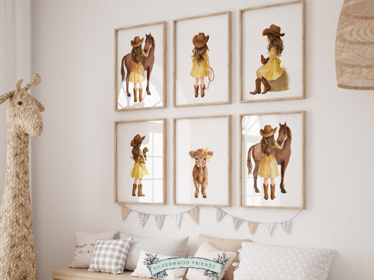 Create a sweet and whimsical space with this yellow western cowgirl nursery wall art set, a beautifully coordinated collection of watercolor cowgirl and farm animal prints designed for a baby girl nursery, farmhouse kids room, or western-themed bedroom decor. 

Featuring warm, sunlit tones, soft rustic details, and charming illustrations of horses, calves, and farmyard moments, this printable nursery wall art set brings a bright, cheerful, storybook feel to your space.