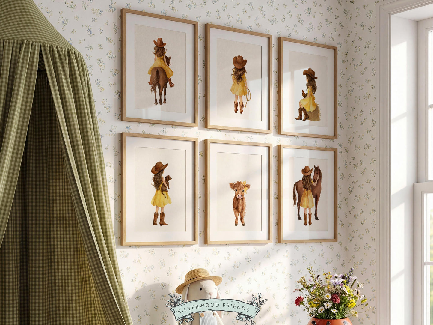 Cowgirl Nursery Prints, Farm Nursery Posters, Baby Girl Yellow Western Nursery Decor, Baby Farm Animal Nursery Wall Art Digital Print
