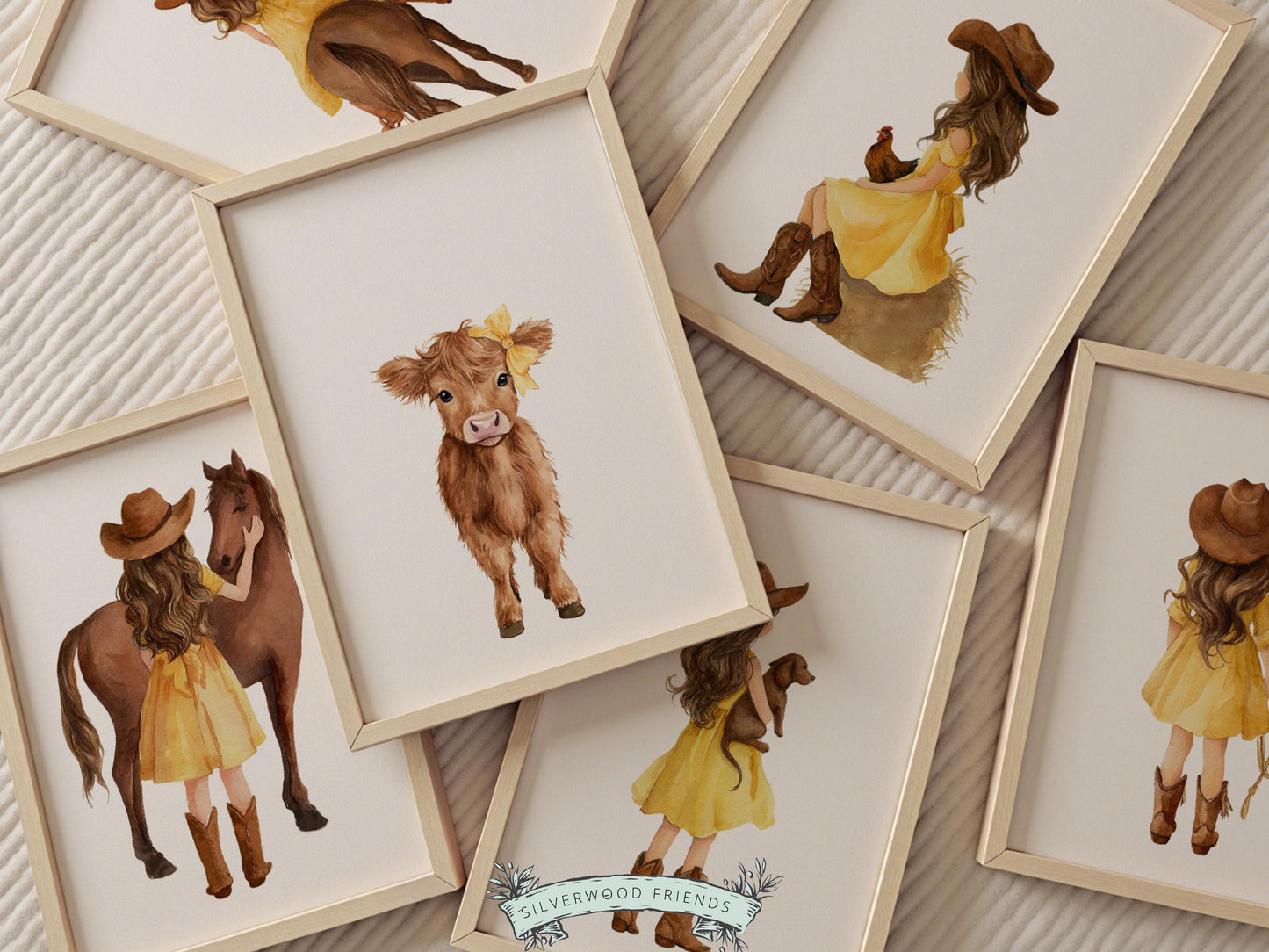 Cowgirl Nursery Prints, Farm Nursery Posters, Baby Girl Yellow Western Nursery Decor, Baby Farm Animal Nursery Wall Art Digital Print