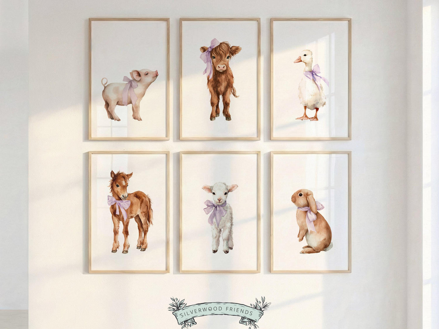 Purple Baby Farm Animal Nursery Prints, Purple Highland Cow Western Farmyard Nursery Decor, Baby Girl Farm Nursery Wall Art Digital Print