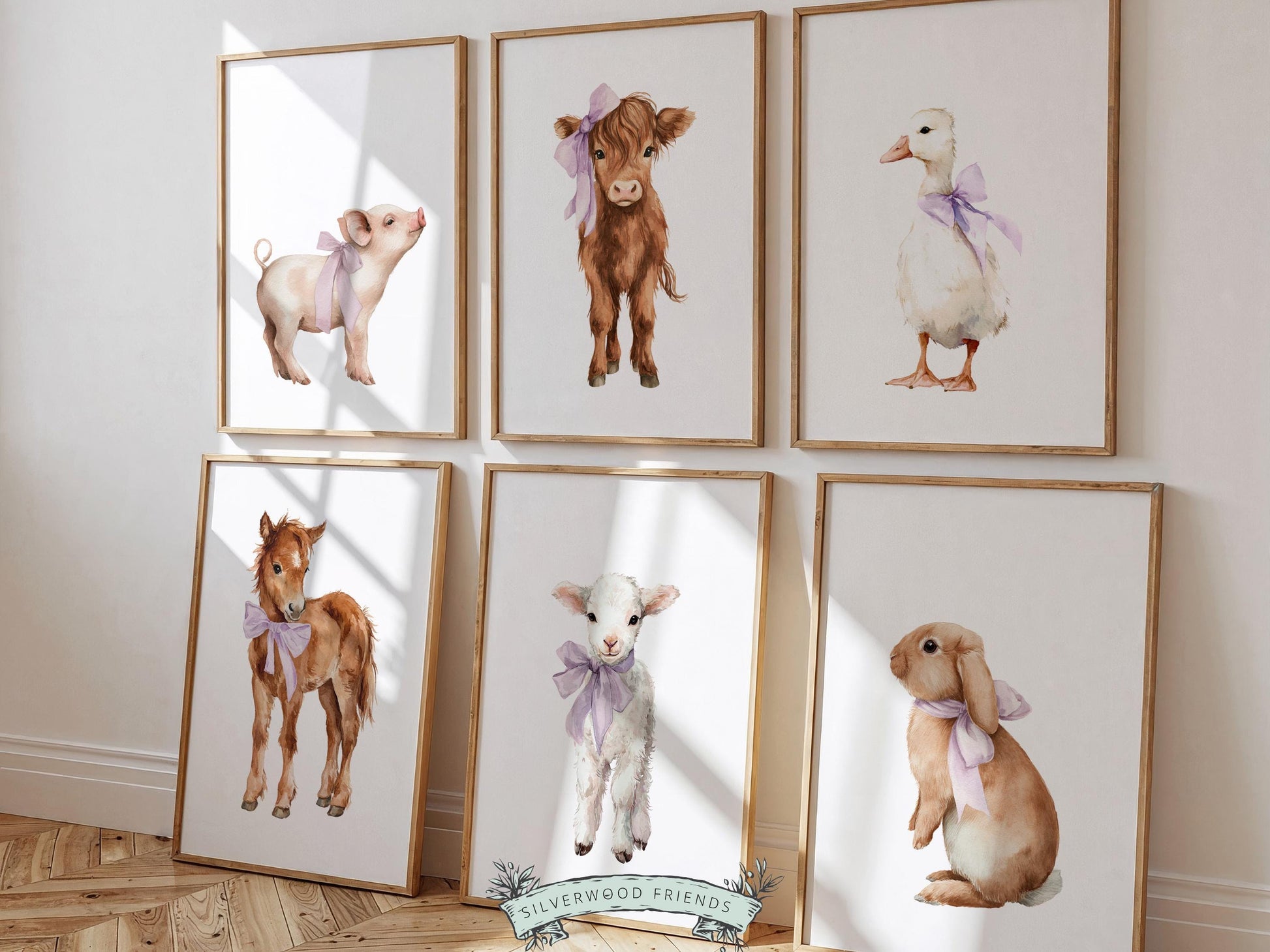Purple Baby Farm Animal Nursery Prints, Purple Highland Cow Western Farmyard Nursery Decor, Baby Girl Farm Nursery Wall Art Digital Print