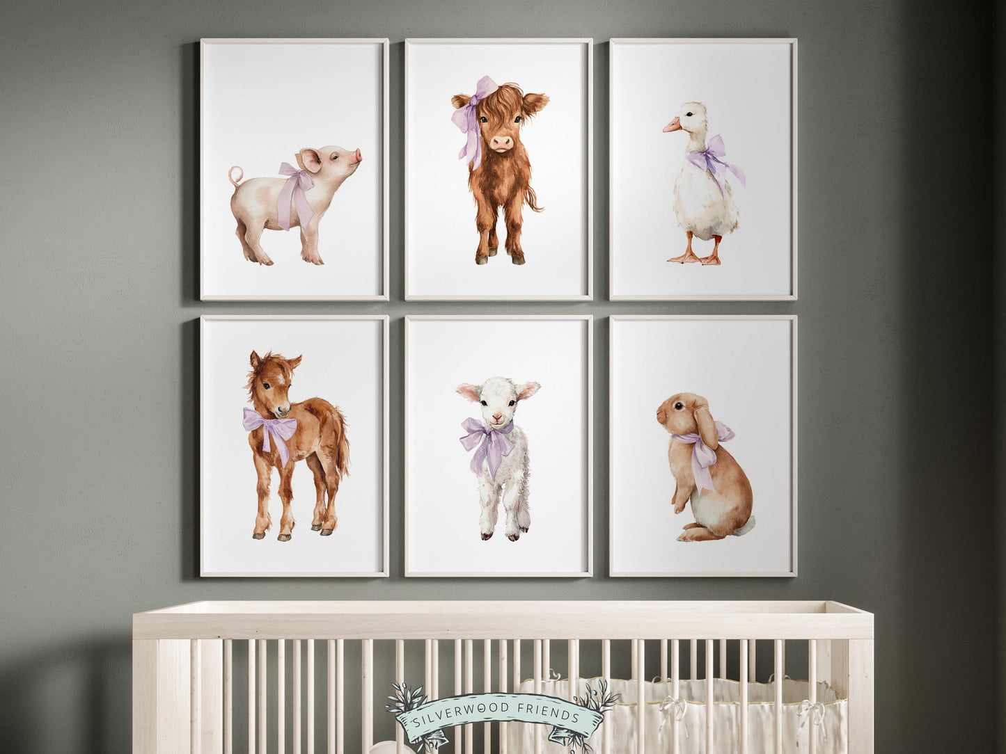 Purple Baby Farm Animal Nursery Prints, Purple Highland Cow Western Farmyard Nursery Decor, Baby Girl Farm Nursery Wall Art Digital Print