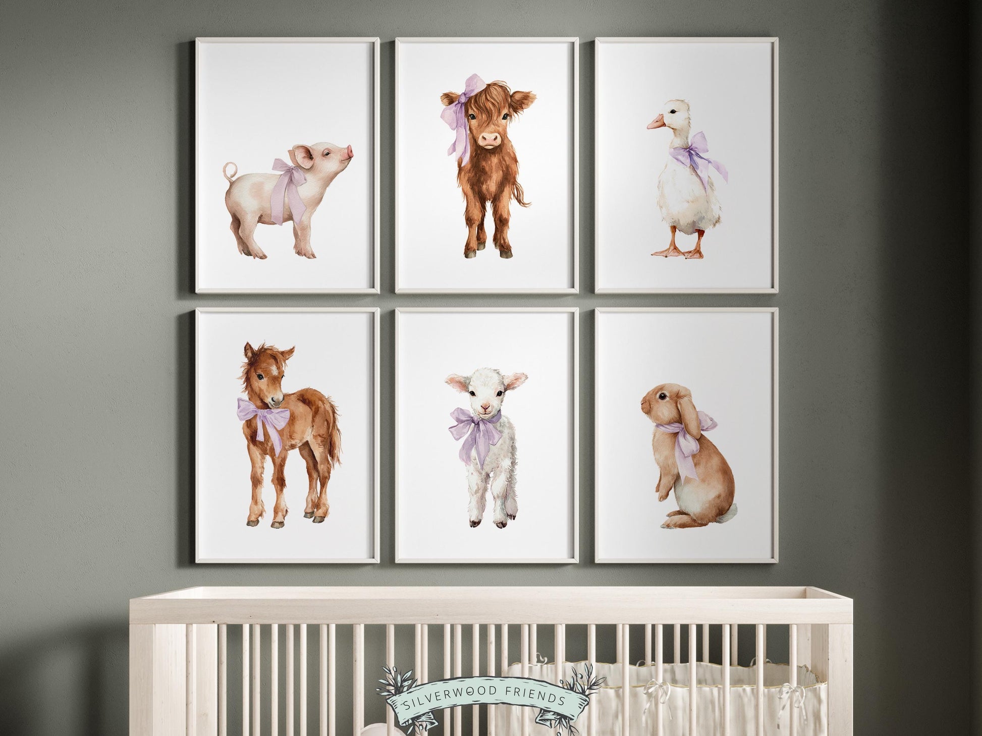Purple Baby Farm Animal Nursery Prints, Purple Highland Cow Western Farmyard Nursery Decor, Baby Girl Farm Nursery Wall Art Digital Print