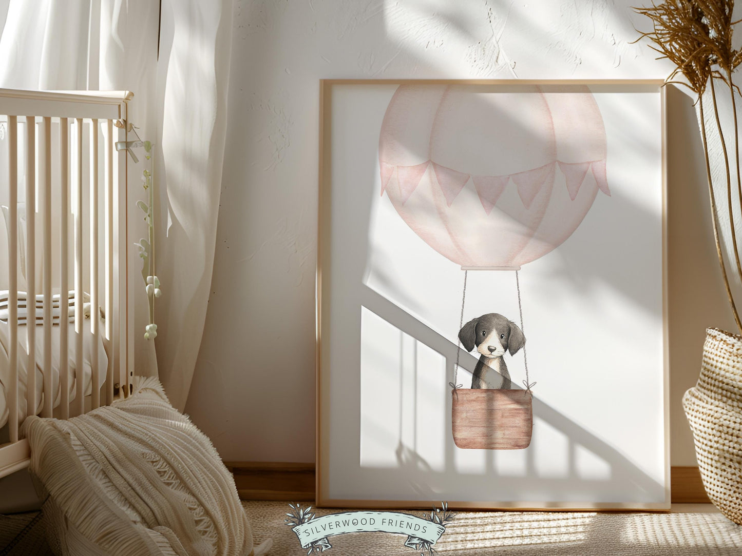Pink Watercolor Hot Air Balloon Dog Nursery Print, Baby Girl Puppy Nursery Wall Art, Baby Girl Pink Puppy Dog Nursery Decor Digital Print