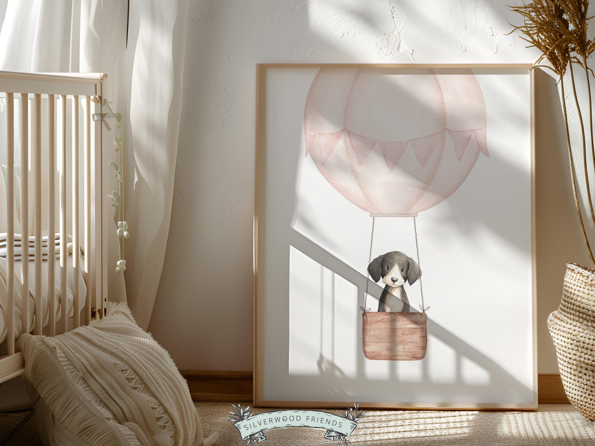 Pink Watercolor Hot Air Balloon Dog Nursery Print, Baby Girl Puppy Nursery Wall Art, Baby Girl Pink Puppy Dog Nursery Decor Digital Print