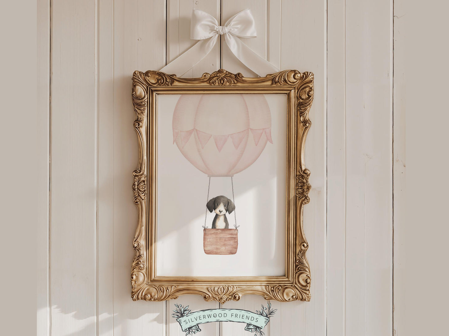 Pink Watercolor Hot Air Balloon Dog Nursery Print, Baby Girl Puppy Nursery Wall Art, Baby Girl Pink Puppy Dog Nursery Decor Digital Print